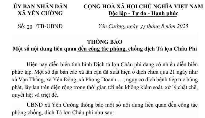 THÔNG BÁO  Một số nội dung liên quan đến công tác phòng, chống dịch Tả lợn Châu Phi