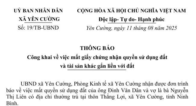 THÔNG BÁO  Công khai về việc mất giấy chứng nhận quyền sử dụng đất  và tài sản khác gắn liền với đất